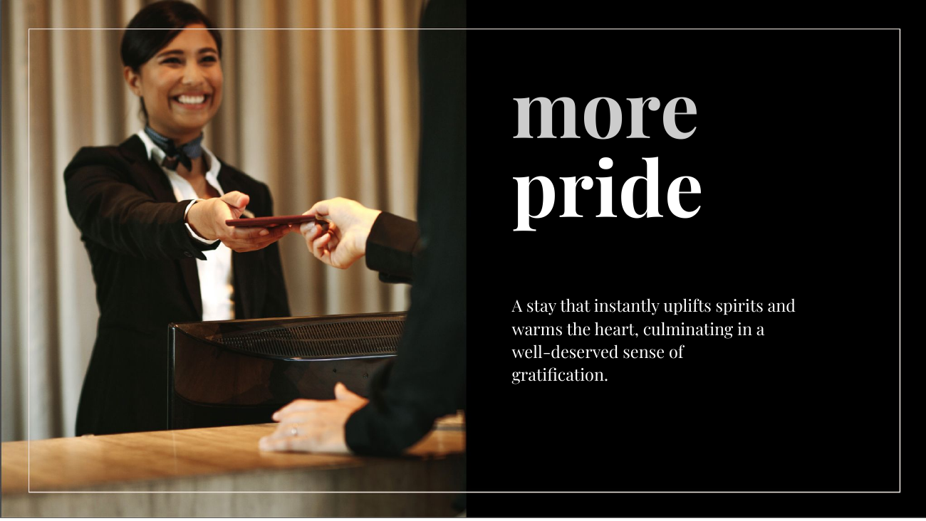 Medalio brand concept showing the phrase more pride beside a welcoming hotel moment