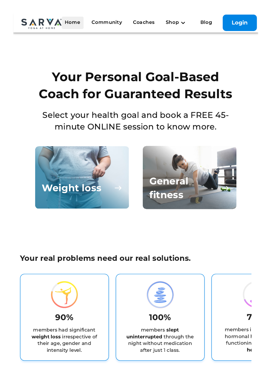 SARVA goal-based wellness homepage with clear program choices and supporting proof